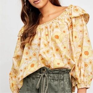 Free People Miss Daisy printed puff sleeve boho floral blouse top